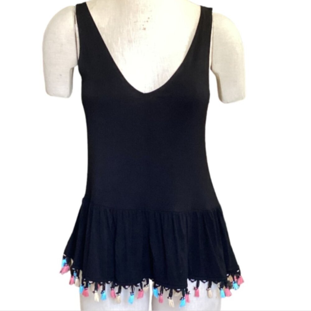 The Vanity Room V-Neck Peplum Tank Top with Rainbow Fringe Hem S Black 98H